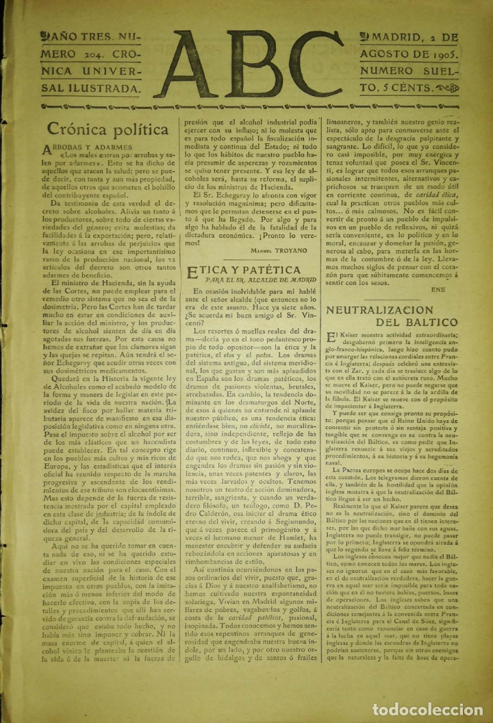 Coleccionismo de Revistas y Peri&oacute;dicos: PERIODICO. ABC. A&Ntilde;O TRES. NUMERO 204. CRONICA UNIVERSAL ILUSTRADA. MADRID 1905. LEER.