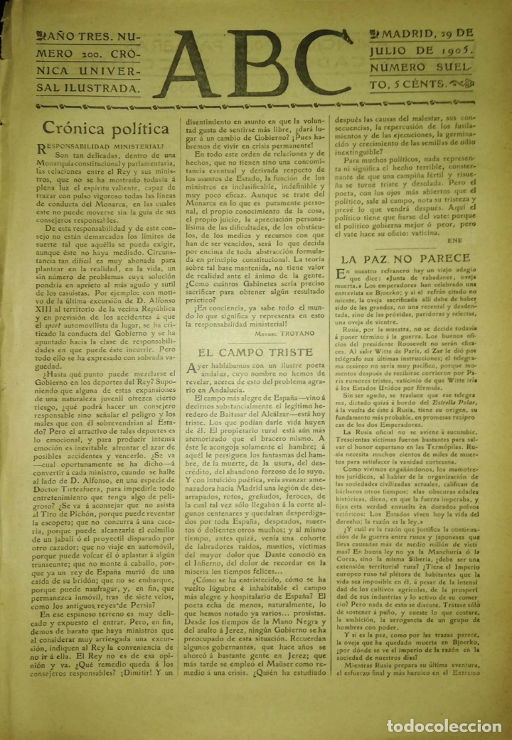 Coleccionismo de Revistas y Peri&oacute;dicos: PERIODICO. ABC. A&Ntilde;O TRES. NUMERO 200. CRONICA UNIVERSAL ILUSTRADA. MADRID 1905. LEER.