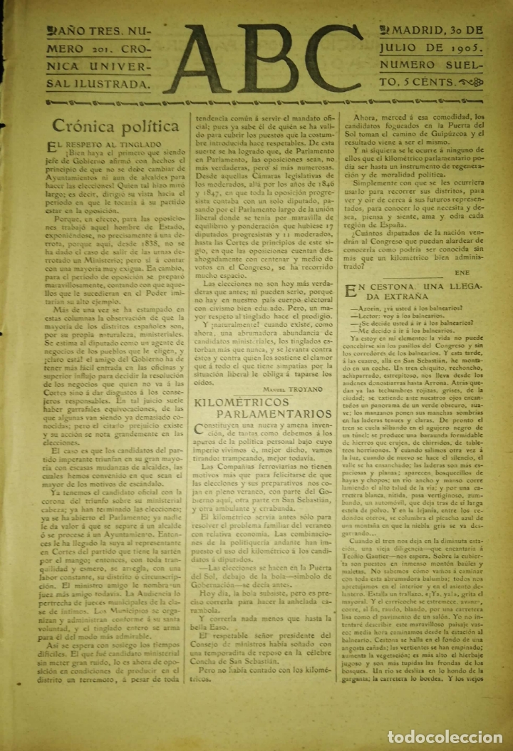 Coleccionismo de Revistas y Peri&oacute;dicos: PERIODICO. ABC. A&Ntilde;O TRES. NUMERO 201. CRONICA UNIVERSAL ILUSTRADA. MADRID 1905. LEER.