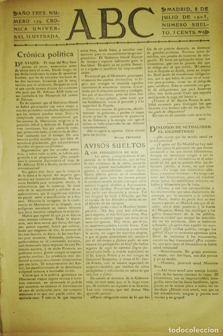 Coleccionismo de Revistas y Peri&oacute;dicos: PERIODICO. ABC. A&Ntilde;O TRES. NUMERO 175. CRONICA UNIVERSAL ILUSTRADA. MADRID 1905. LEER.