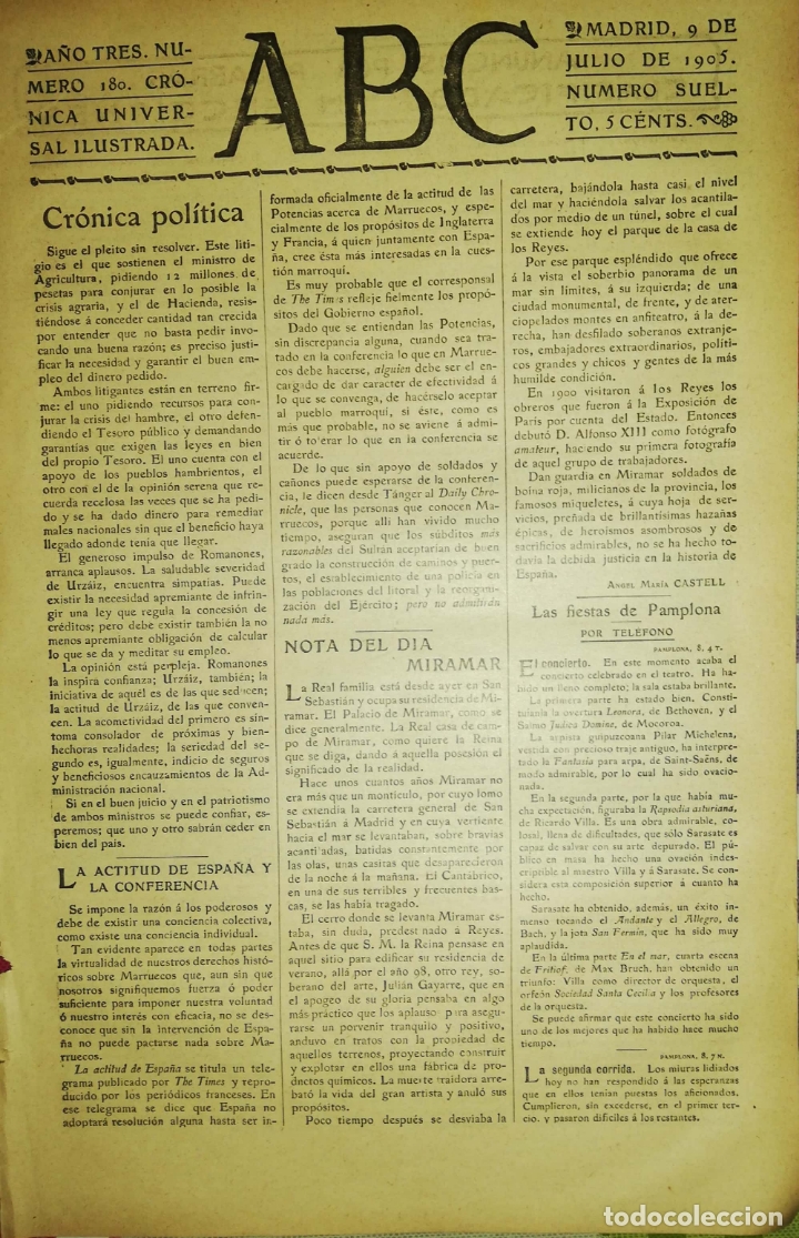 Coleccionismo de Revistas y Peri&oacute;dicos: PERIODICO. ABC. A&Ntilde;O TRES. NUMERO 180. CRONICA UNIVERSAL ILUSTRADA. MADRID 1905. LEER.