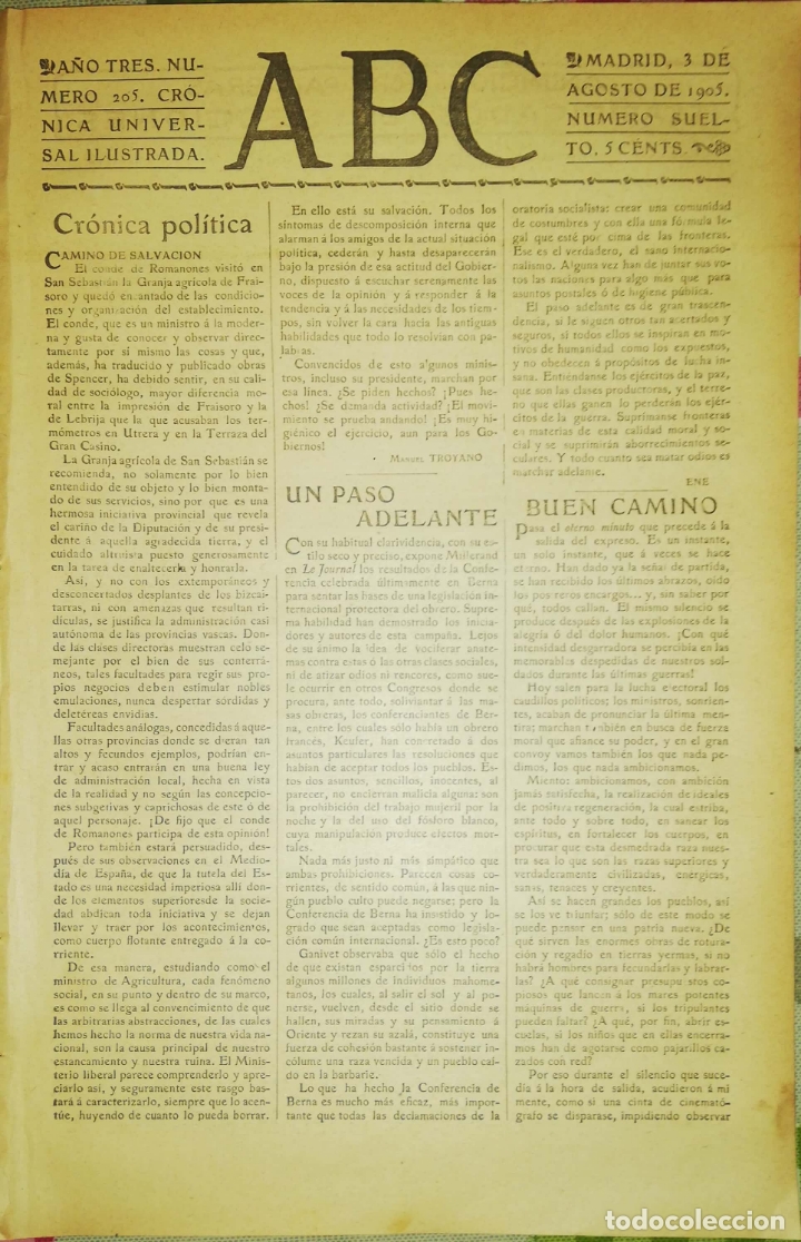 Coleccionismo de Revistas y Peri&oacute;dicos: PERIODICO. ABC. A&Ntilde;O TRES. NUMERO 205. CRONICA UNIVERSAL ILUSTRADA. MADRID 1905. LEER.