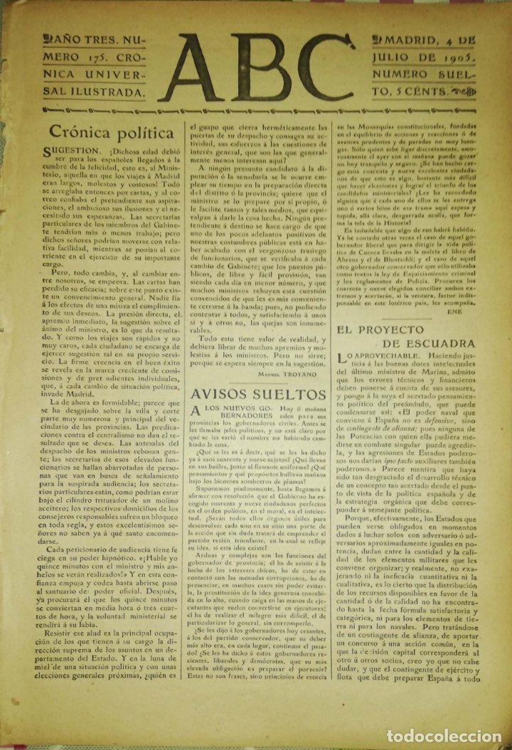 Coleccionismo de Revistas y Peri&oacute;dicos: PERIODICO. ABC. A&Ntilde;O TRES. NUMERO 179. CRONICA UNIVERSAL ILUSTRADA. MADRID 1905. LEER.