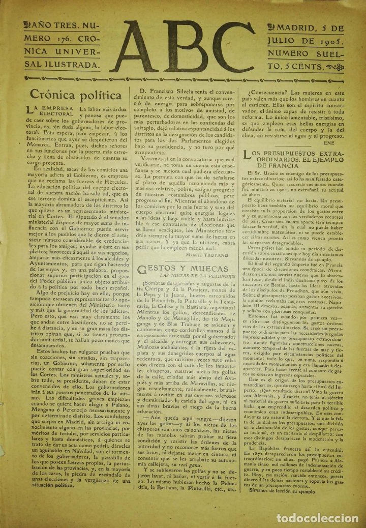 Coleccionismo de Revistas y Peri&oacute;dicos: PERIODICO. ABC. A&Ntilde;O TRES. NUMERO 176. CRONICA UNIVERSAL ILUSTRADA. MADRID 1905. LEER.