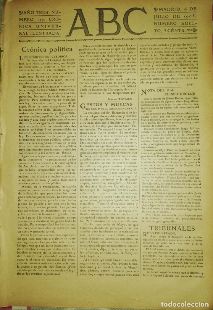 Coleccionismo de Revistas y Peri&oacute;dicos: PERIODICO. ABC. A&Ntilde;O TRES. NUMERO 177. CRONICA UNIVERSAL ILUSTRADA. MADRID 1905. LEER.