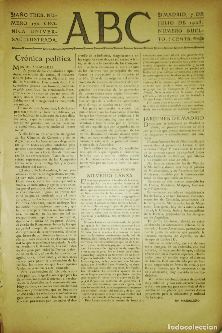 Coleccionismo de Revistas y Peri&oacute;dicos: PERIODICO. ABC. A&Ntilde;O TRES. NUMERO 178. CRONICA UNIVERSAL ILUSTRADA. MADRID 1905. LEER.