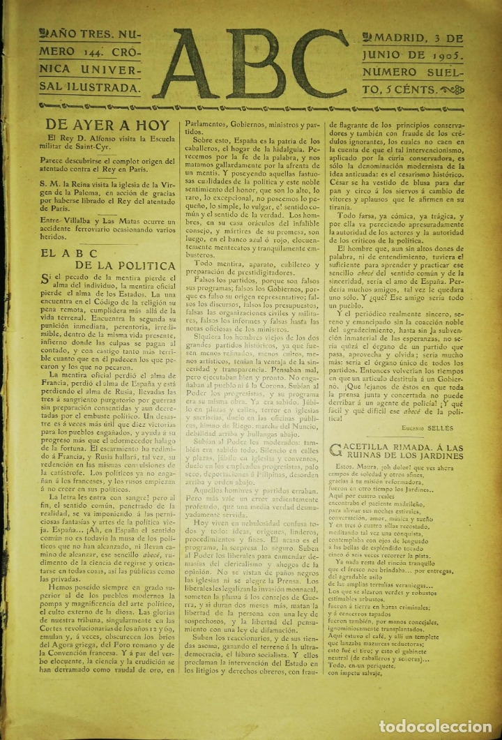 Coleccionismo de Revistas y Peri&oacute;dicos: PERIODICO. ABC. A&Ntilde;O TRES. NUMERO 144. CRONICA UNIVERSAL ILUSTRADA. MADRID 1905. LEER.