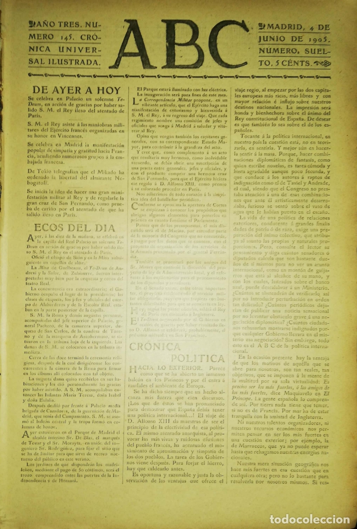Coleccionismo de Revistas y Peri&oacute;dicos: PERIODICO. ABC. A&Ntilde;O TRES. NUMERO 145. CRONICA UNIVERSAL ILUSTRADA. MADRID 1905. LEER.