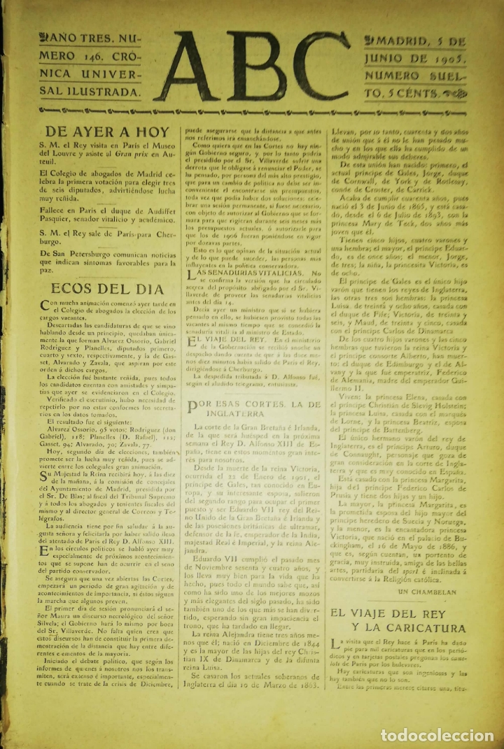 Coleccionismo de Revistas y Peri&oacute;dicos: PERIODICO. ABC. A&Ntilde;O TRES. NUMERO 146. CRONICA UNIVERSAL ILUSTRADA. MADRID 1905. LEER.