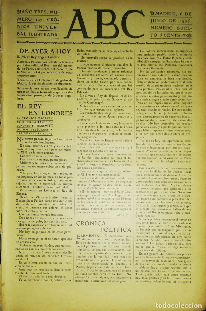 Coleccionismo de Revistas y Peri&oacute;dicos: PERIODICO. ABC. A&Ntilde;O TRES. NUMERO 147. CRONICA UNIVERSAL ILUSTRADA. MADRID 1905. LEER.