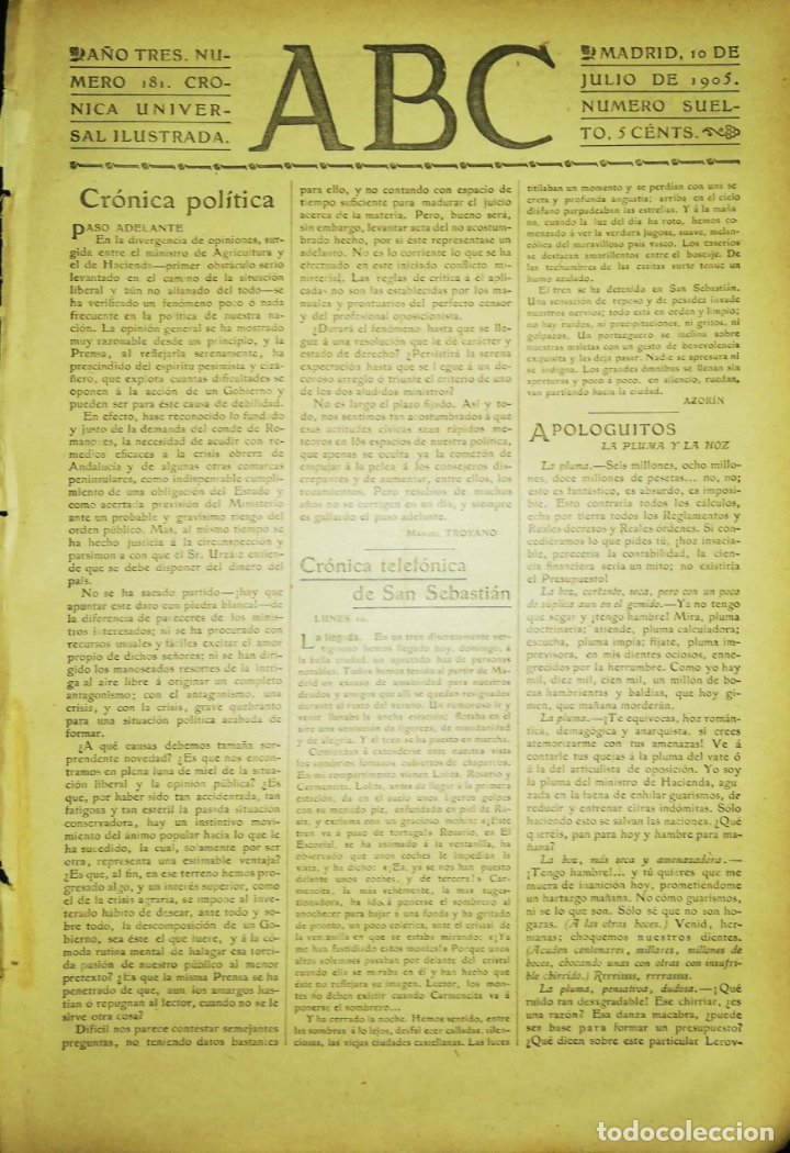 Coleccionismo de Revistas y Peri&oacute;dicos: PERIODICO. ABC. A&Ntilde;O TRES. NUMERO 181. CRONICA UNIVERSAL ILUSTRADA. MADRID 1905. LEER.