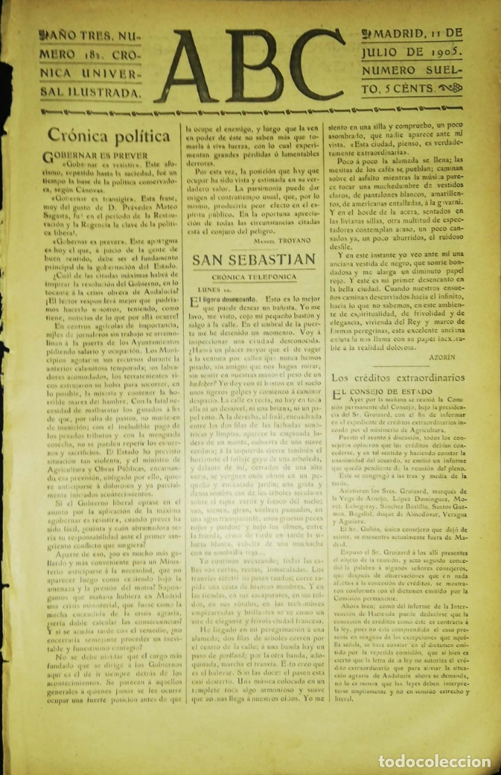 Coleccionismo de Revistas y Peri&oacute;dicos: PERIODICO. ABC. A&Ntilde;O TRES. NUMERO 182. CRONICA UNIVERSAL ILUSTRADA. MADRID 1905. LEER.