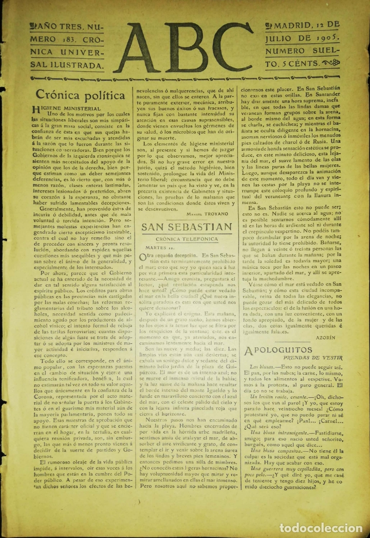 Coleccionismo de Revistas y Peri&oacute;dicos: PERIODICO. ABC. A&Ntilde;O TRES. NUMERO 183. CRONICA UNIVERSAL ILUSTRADA. MADRID 1905. LEER.