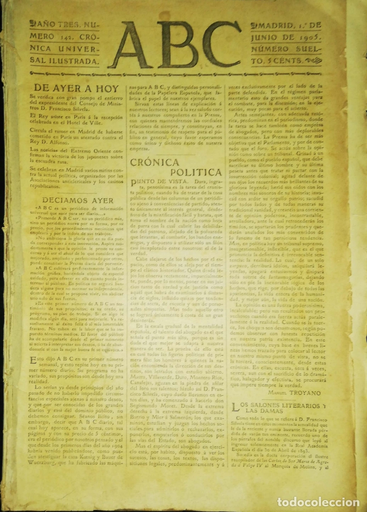 Coleccionismo de Revistas y Peri&oacute;dicos: PERIODICO. ABC. A&Ntilde;O TRES. NUMERO 142. CRONICA UNIVERSAL ILUSTRADA. MADRID 1905. LEER.