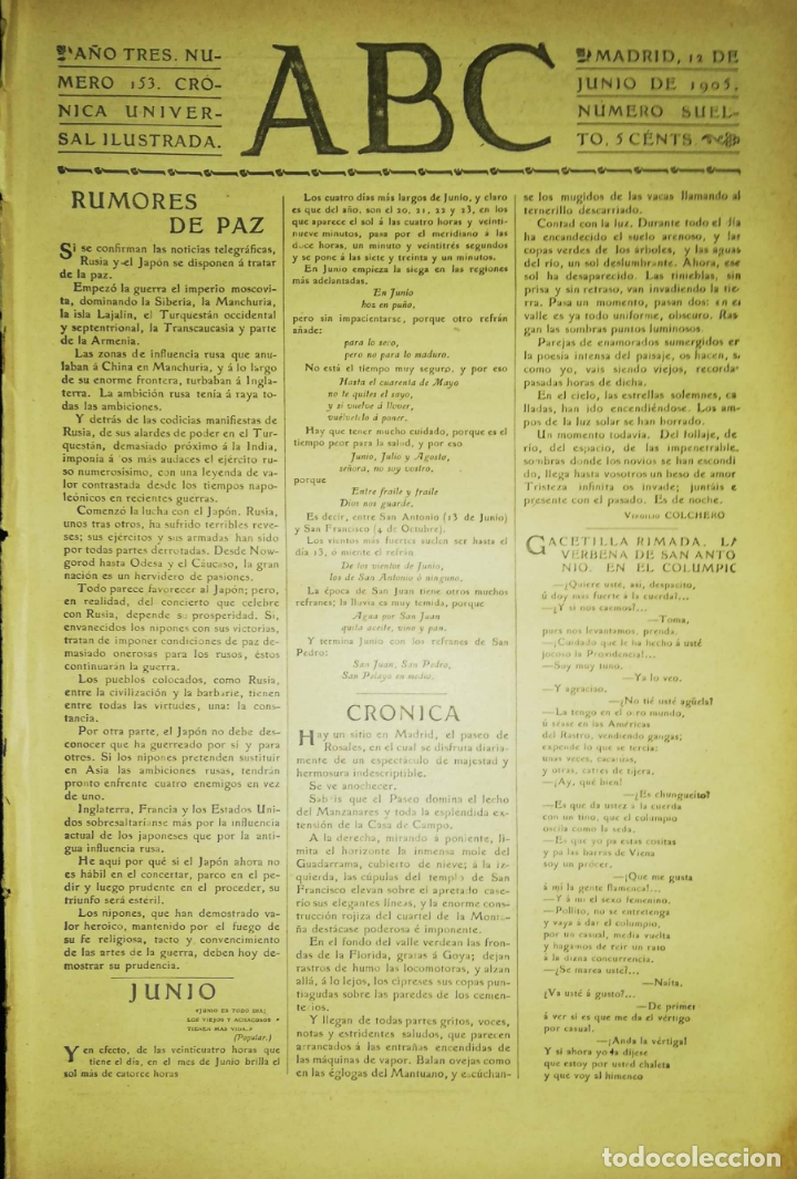 Coleccionismo de Revistas y Peri&oacute;dicos: PERIODICO. ABC. A&Ntilde;O TRES. NUMERO 153. CRONICA UNIVERSAL ILUSTRADA. MADRID 1905. LEER.