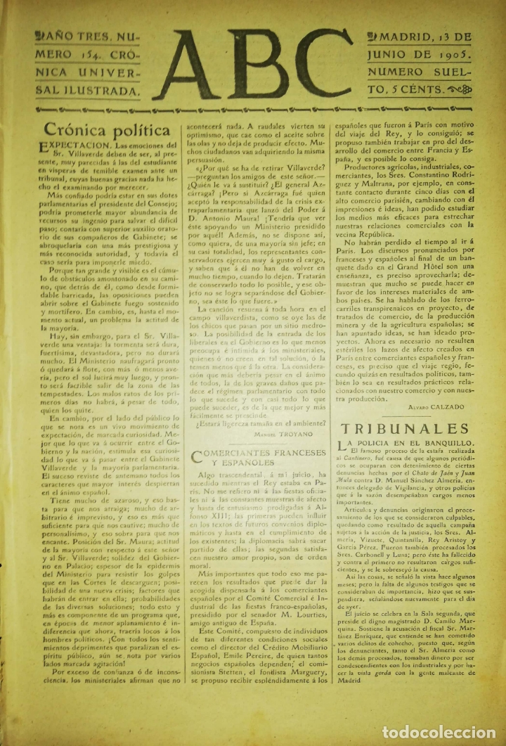 Coleccionismo de Revistas y Peri&oacute;dicos: PERIODICO. ABC. A&Ntilde;O TRES. NUMERO 154. CRONICA UNIVERSAL ILUSTRADA. MADRID 1905. LEER.