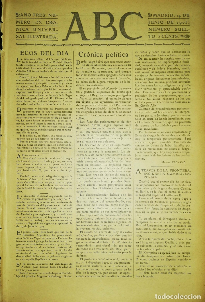 Coleccionismo de Revistas y Peri&oacute;dicos: PERIODICO. ABC. A&Ntilde;O TRES. NUMERO 155. CRONICA UNIVERSAL ILUSTRADA. MADRID 1905. LEER.