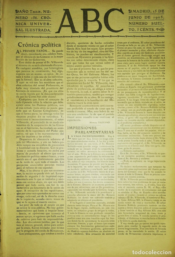 Coleccionismo de Revistas y Peri&oacute;dicos: PERIODICO. ABC. A&Ntilde;O TRES. NUMERO 156. CRONICA UNIVERSAL ILUSTRADA. MADRID 1905. LEER.