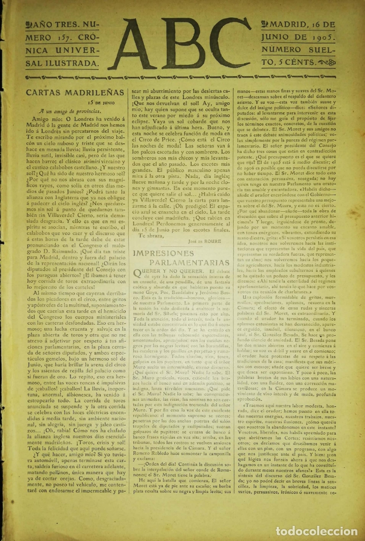 Coleccionismo de Revistas y Peri&oacute;dicos: PERIODICO. ABC. A&Ntilde;O TRES. NUMERO 157. CRONICA UNIVERSAL ILUSTRADA. MADRID 1905. LEER.