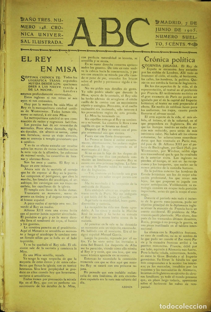 Coleccionismo de Revistas y Peri&oacute;dicos: PERIODICO. ABC. A&Ntilde;O TRES. NUMERO 148. CRONICA UNIVERSAL ILUSTRADA. MADRID 1905. LEER.
