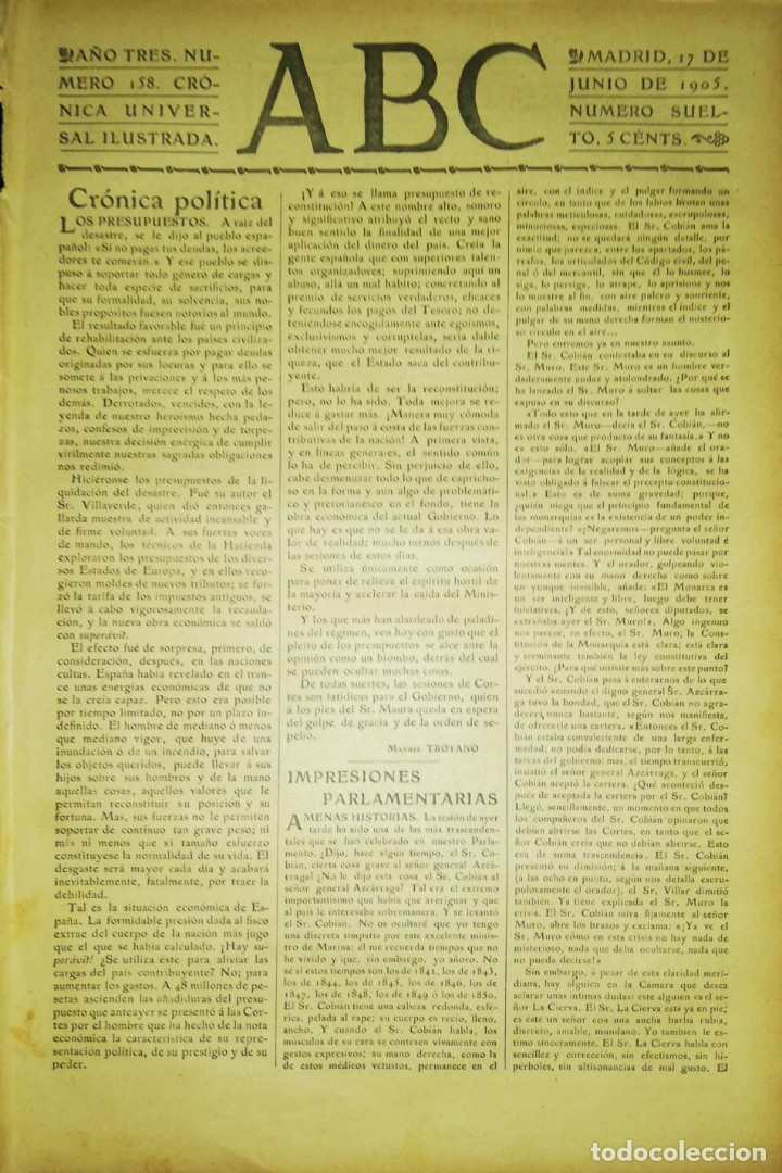 Coleccionismo de Revistas y Peri&oacute;dicos: PERIODICO. ABC. A&Ntilde;O TRES. NUMERO 158. CRONICA UNIVERSAL ILUSTRADA. MADRID 1905. LEER.