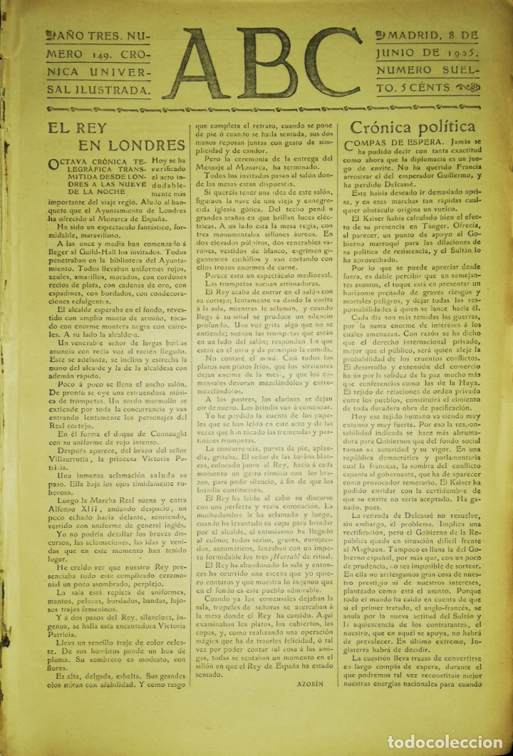Coleccionismo de Revistas y Peri&oacute;dicos: PERIODICO. ABC. A&Ntilde;O TRES. NUMERO 149. CRONICA UNIVERSAL ILUSTRADA. MADRID 1905. LEER.