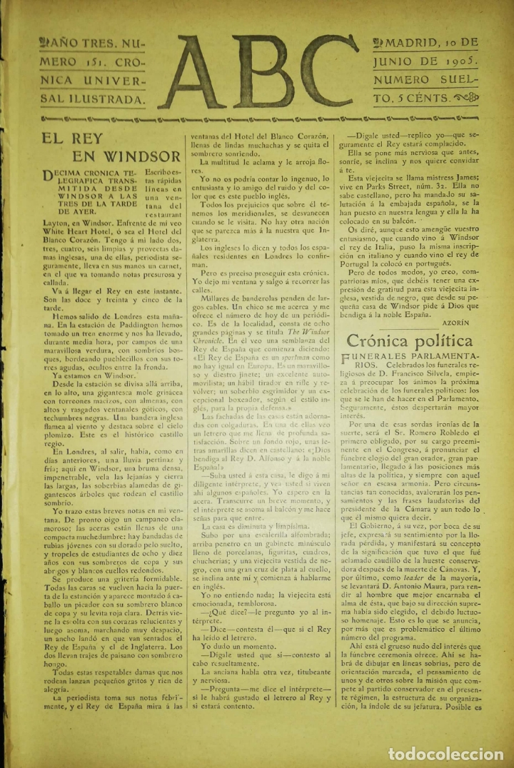 Coleccionismo de Revistas y Peri&oacute;dicos: PERIODICO. ABC. A&Ntilde;O TRES. NUMERO 151. CRONICA UNIVERSAL ILUSTRADA. MADRID 1905. LEER.