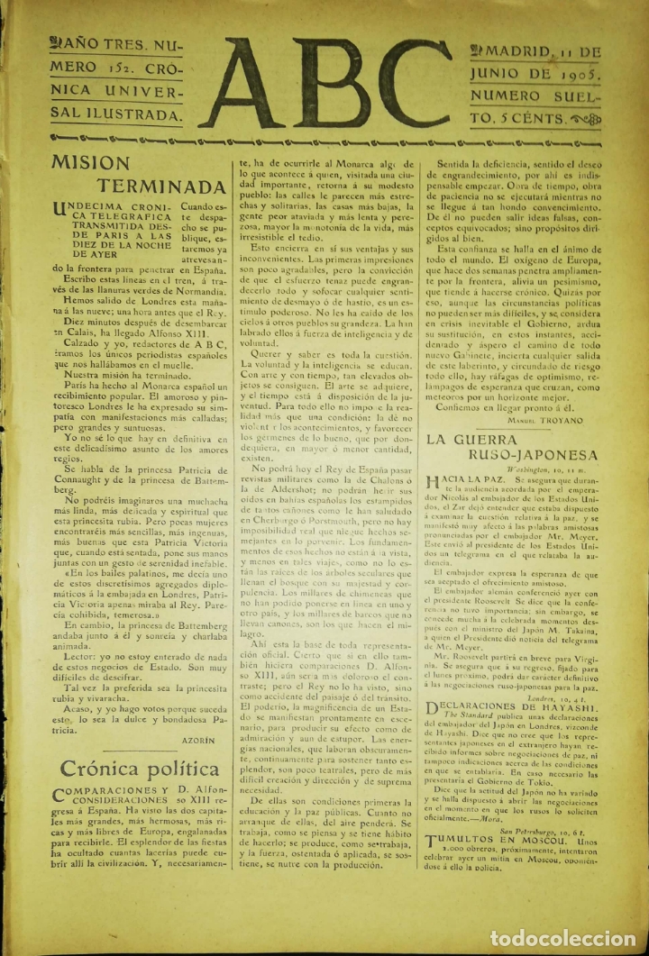 Coleccionismo de Revistas y Peri&oacute;dicos: PERIODICO. ABC. A&Ntilde;O TRES. NUMERO 152. CRONICA UNIVERSAL ILUSTRADA. MADRID 1905. LEER.
