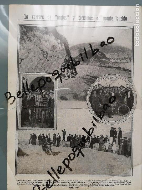 Coleccionismo de Revistas y Peri&oacute;dicos: HOJA REVISTA 1913 CARRETA MOTOS Y BICICLETAS MONTE IGUELDO SAN SEBASTIAN GUIPUZCOA CICLISMO PINTURA