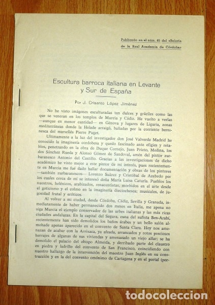 Coleccionismo de Revistas y Peri&oacute;dicos: L&Oacute;PEZ JIM&Eacute;NEZ, J. Crisanto. Escultura barroca italiana en Levante y Sur de Espa&ntilde;a [SEPARATA]