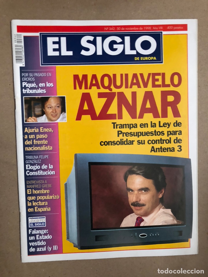 Collezionismo di Riviste e Giornali: EL SIGLO DE EUROPA N&deg; 342 (NOVIEMBRE 1998). MAQUIAV&Eacute;LICO AZNAR, DOSSIER FALANGE, PIQU&Eacute;,...