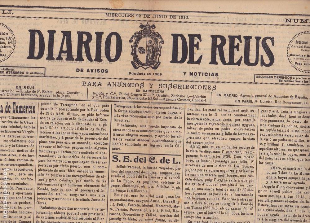 Coleccionismo de Revistas y Peri&oacute;dicos: Diario de Reus 1910 n&ordm; 142