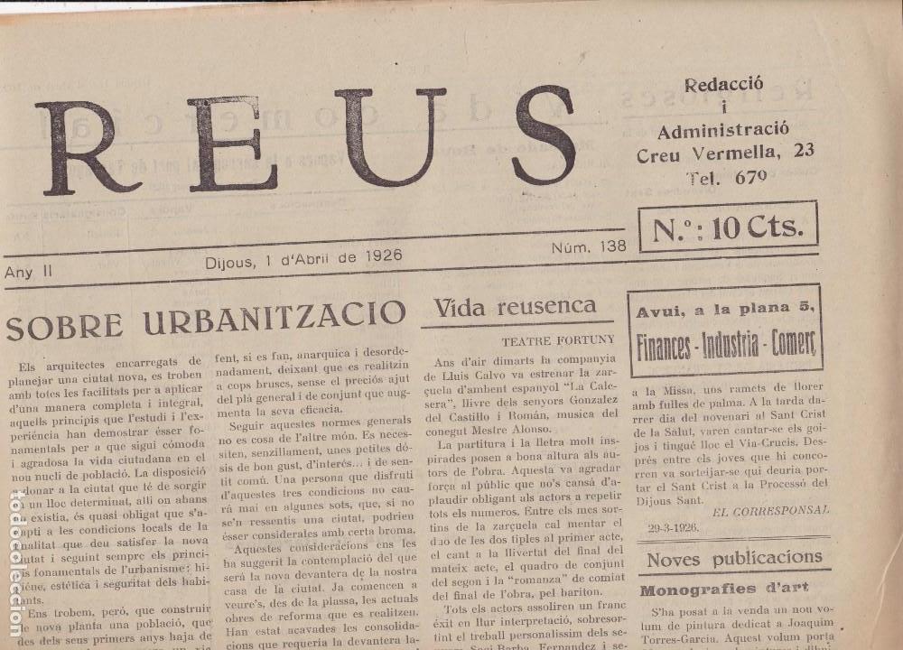Coleccionismo de revistas y peri&oacute;dicos: Reus n&ordm; 138 Urbanitzacio a Reus i Setmana Santa a Salou - 1926