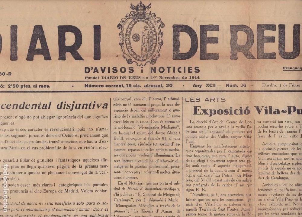 Coleccionismo de revistas y peri&oacute;dicos: Diari de Reus n&ordm; 26 1936 Exposici&oacute; Vila Puig i Uns mots de Lenin escrit l'any 1915