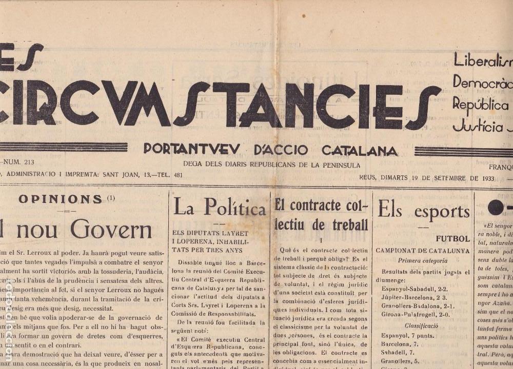 Collectionnisme de Revues et Journaux: Les Circumstancies Reus 1933 El contracte col.lectiu de treball El nou Govern