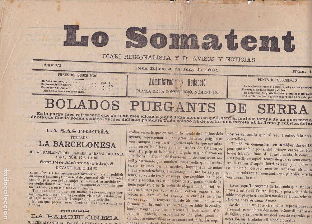 Collectionnisme de Revues et Journaux: Lo Somatent diari regionalista Reus Tarragona 1891 desde Barcelona