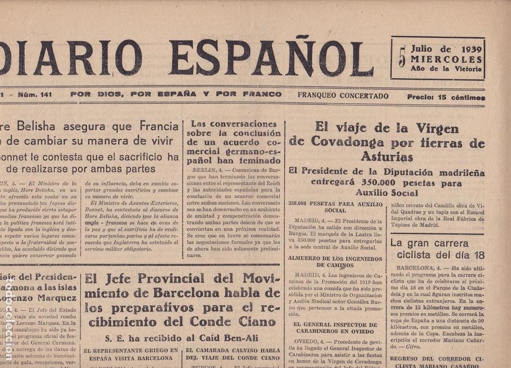 Coleccionismo de revistas y peri&oacute;dicos: Diario Espa&ntilde;ol 5 Julio 1939 Reus Virgen de Covadonga por Asturias Final fiesta 1 cent. Fortuny