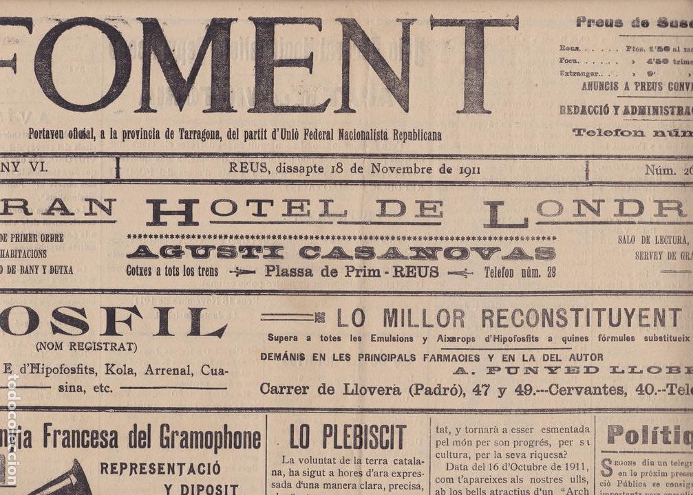 Coleccionismo de revistas y peri&oacute;dicos: Foment Reus 1911 Gran Hotel de Londres y lo Plebiscit