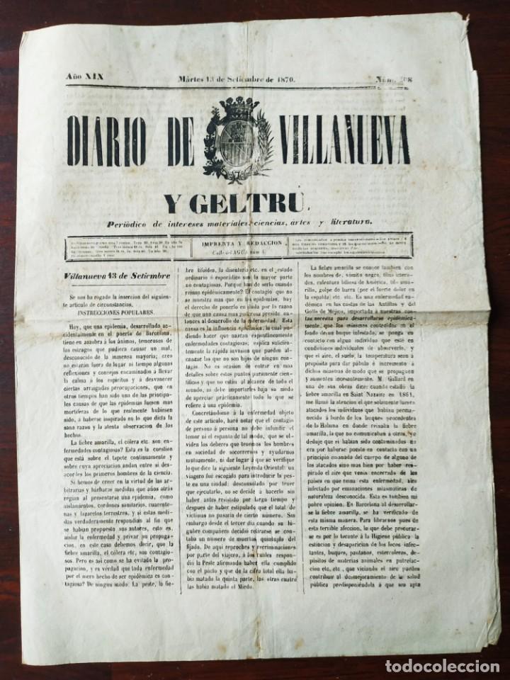 Coleccionismo de Revistas y Peri&oacute;dicos: Diario de Villanueva y Geltru martes 13 setiembre 1870, n&ordm; 208 a&ntilde;o XIX. Vilanova y la Geltru