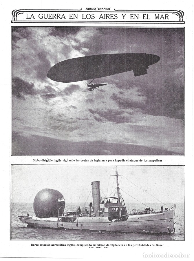 Coleccionismo de revistas y peri&oacute;dicos: 1916 HOJA REVISTA PRIMERA GUERRA MUNDIAL GLOBO DIRIGIBLE INGL&Eacute;S -BARCO ESTACI&Oacute;N AEROST&Aacute;TICO EN DOVER