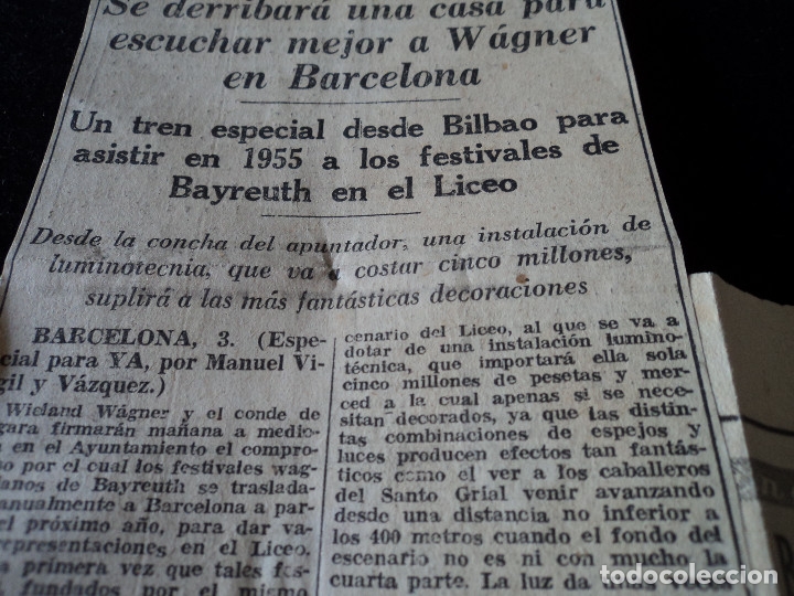 Coleccionismo de Revistas y Peri&oacute;dicos: recorte de prensa de 1945 del diario ya, de la ampliacion del liceo para representar a wagner