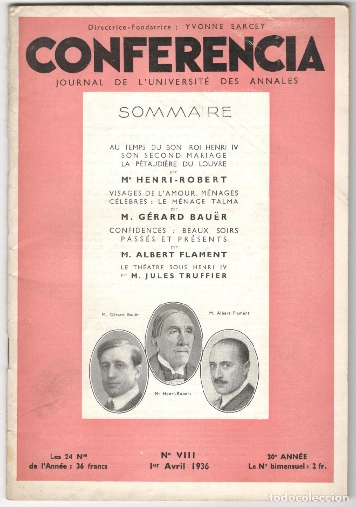 Coleccionismo de Revistas y Peri&oacute;dicos: Conferencia. Journal de L'universit&eacute; des Annales. 30&egrave;me ann&eacute;e, n&deg;VIII, 1er avril 1936
