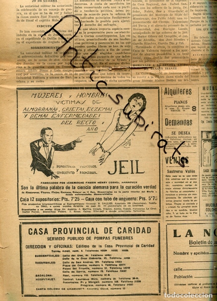 Coleccionismo de revistas y peri&oacute;dicos: RECORTE DE PRENSA PERIODICO LA NOCHE A&Ntilde;O 1931 ALMORRANAS JEIL URIACH LERROUX EN GINEBRA