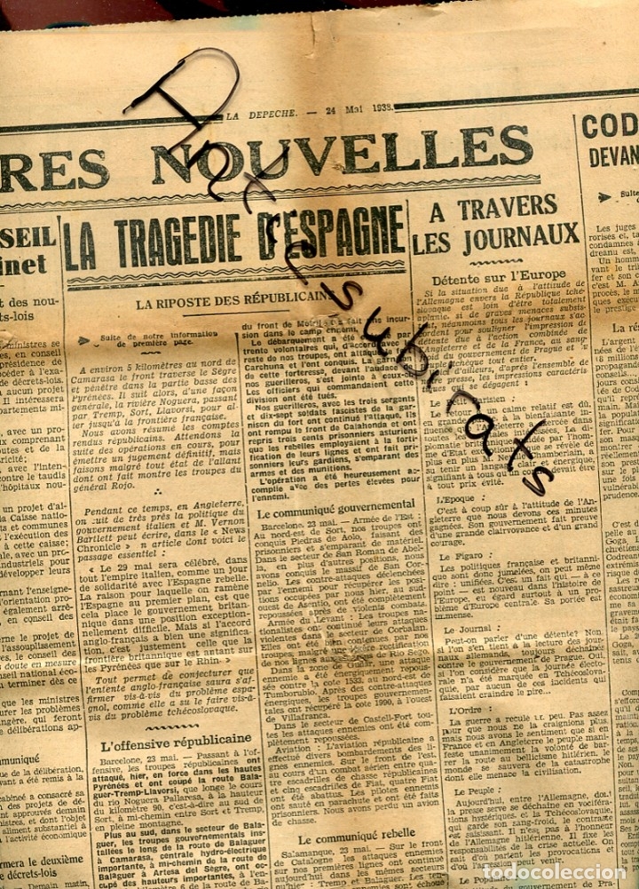 Coleccionismo de revistas y peri&oacute;dicos: PERIODICO FRANCES LA DEPECHE 24 MAYO 1938 GUERRA CIVIL CAMARASA TREMP LLAVORSI SORT BALAGUER ARTESA