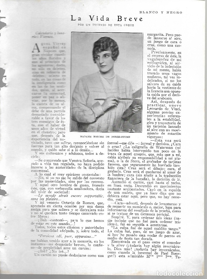 Collection Magazines and Newspapers: BYN 22 ENE 1928.N&ordm; 1914.LA VIDA BREVE POR UN INGENIO DE ESTA CORTE MADAME BOSCHE DE PEREZ SUCRE.