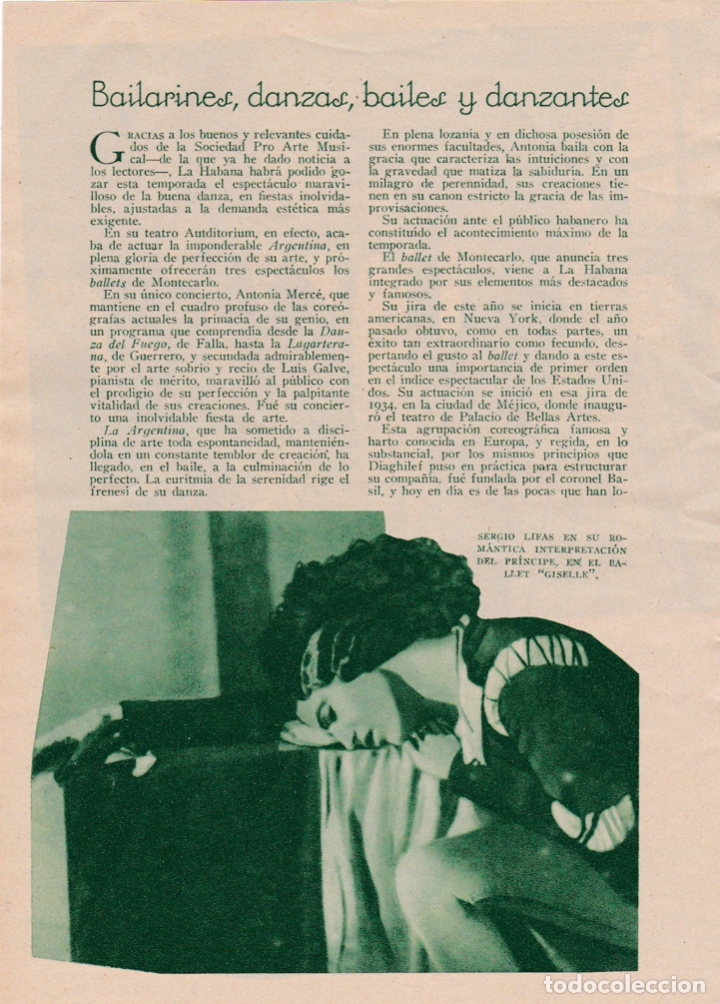 Coleccionismo de Revistas y Peri&oacute;dicos: * DANZA * Sergio Lifas, Semenova, Tomasa Toumanova, Leonidas Massine - 1936