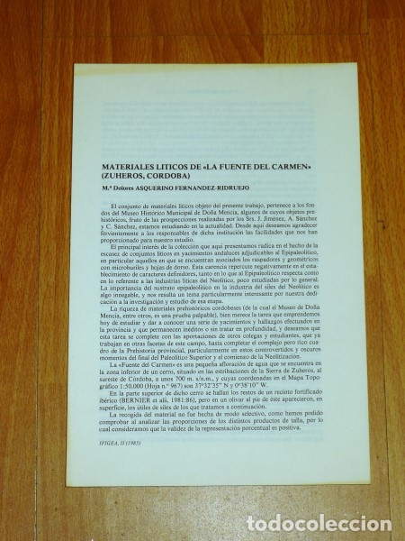 Sammeln von Zeitschriften und Zeitungen: ASQUERINO, M&ordf; Dolores. Materiales l&iacute;ticos de 'La Fuente del Carmen', (Zuheros, C&oacute;rdoba) (Separata).