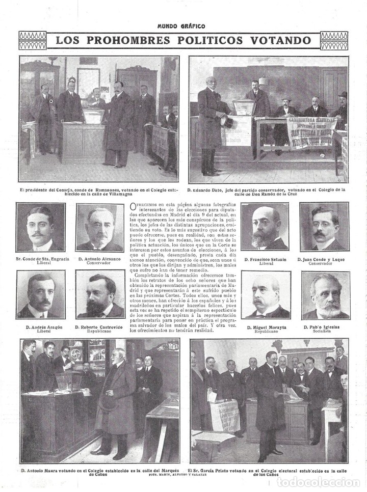 Collezionismo di Riviste e Giornali: 1916 HOJA REVISTA MADRID ELECCIONES A DIPUTADOS DATO, ROMANONES, MAURA Y GARC&Iacute;A PRIETO VOTANDO