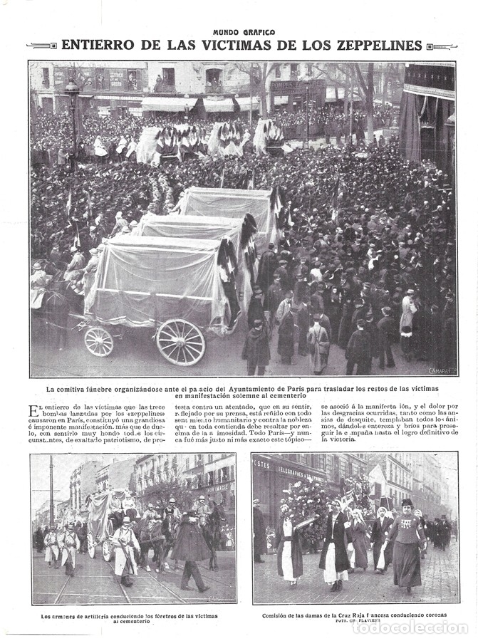 Collezionismo di Riviste e Giornali: 1916 HOJA REVISTA I GUERRA MUNDIAL PAR&Iacute;S ENTIERRO V&Iacute;CTIMAS BOMBARDEOS DE ZEPPELINES DAMAS CRUZ ROJA
