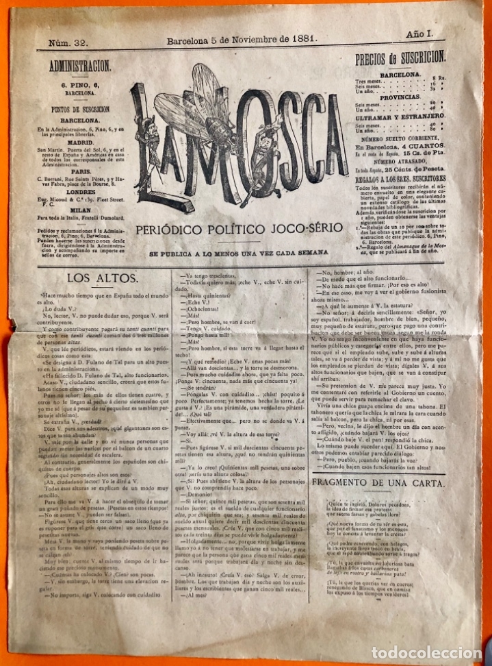 Collezionismo di Riviste e Giornali: LA MOSCA- PERIODICO POLITICO JOCO SERIO- A&Ntilde;O 1 N&ordm; 32 BARCELONA 5-11 1881